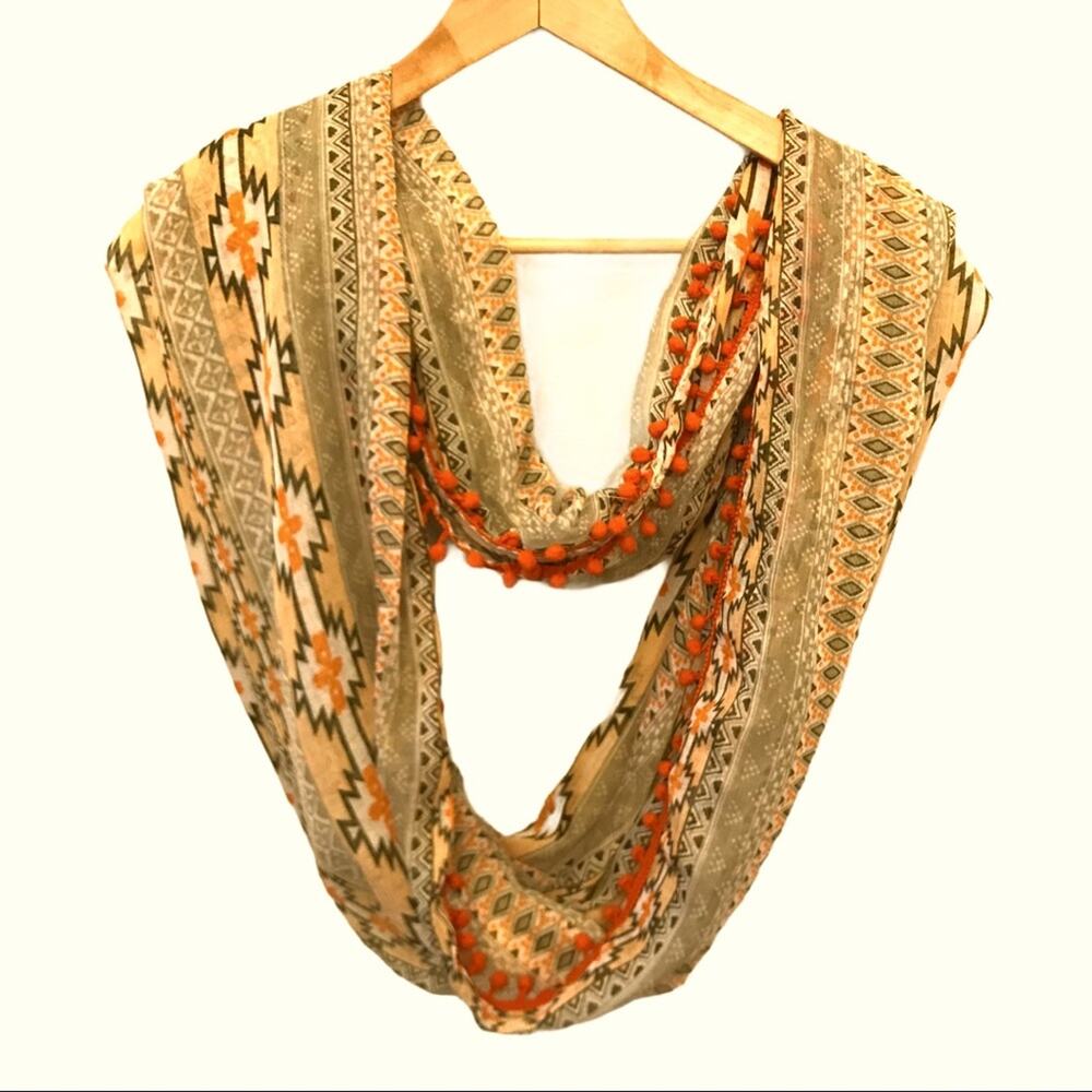 Orange Infinity Scarf with Pom Trim
